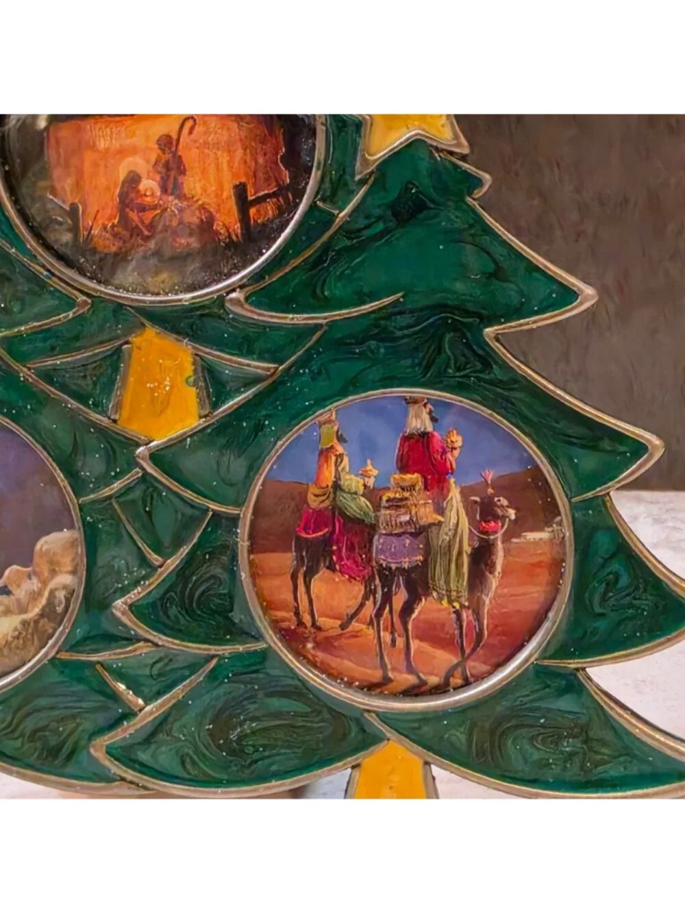 Vintage  Enamel Christmas Tree Nativity Triple Frame